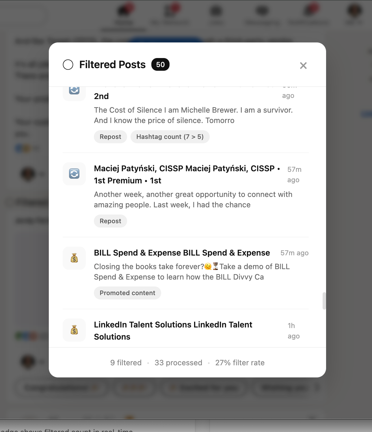 Filtered posts modal
